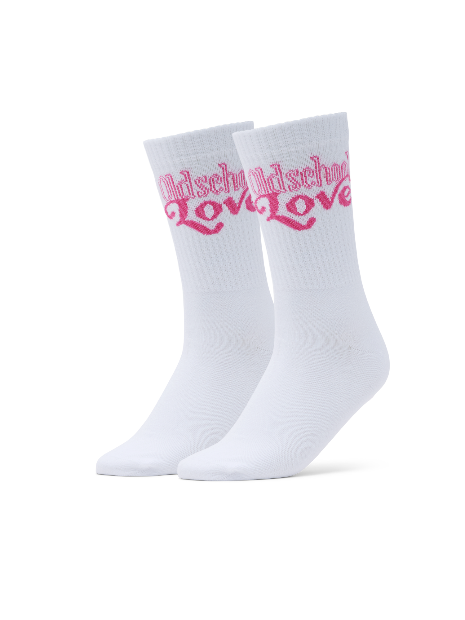 Weißes Paar Sportsocken mit geripptem Schaft, darüber ein rosa Schriftzug „Oldschool Love“ in Retro-Typografie.