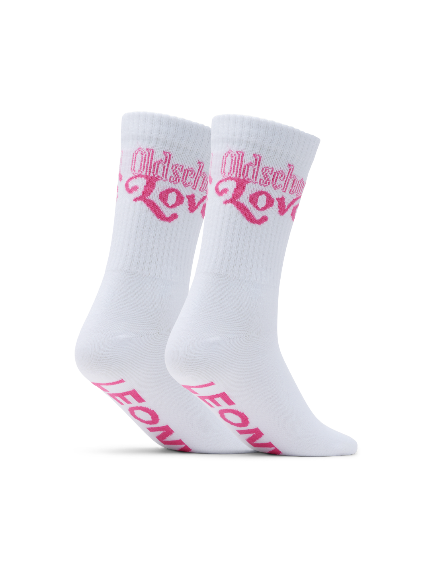 Weißes Paar Sportsocken mit geripptem Schaft, darüber ein rosa Schriftzug „Oldschool Love“ in Retro-Typografie.